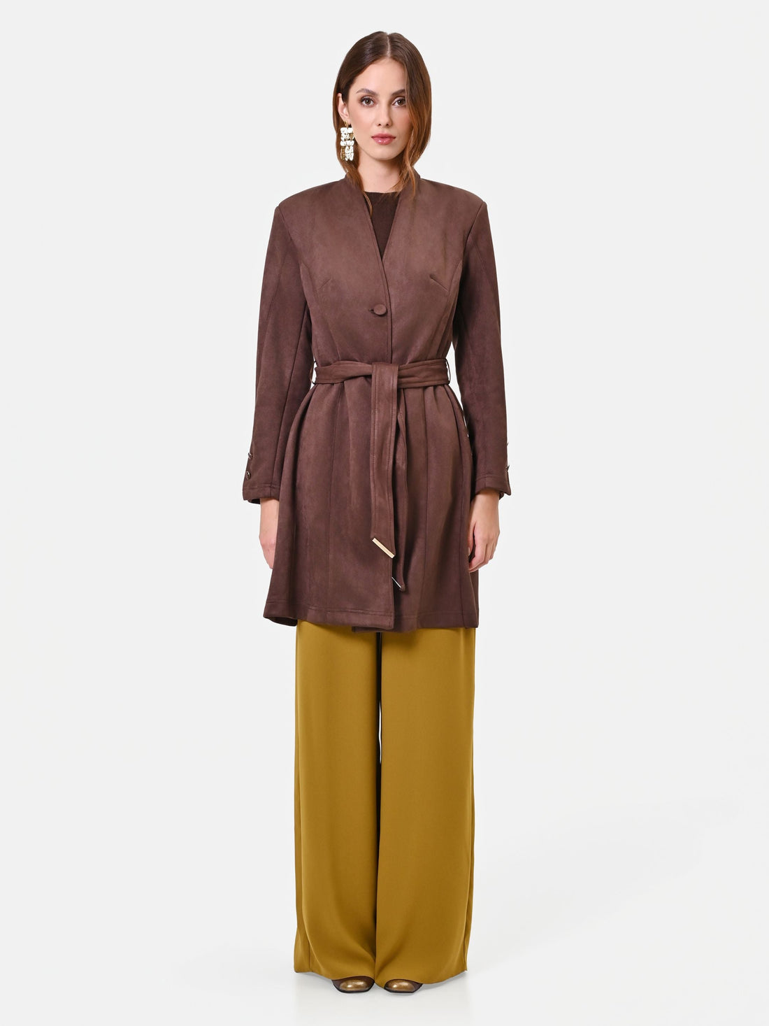 Trench marrone effetto scamosciato con cintura
