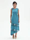 Abito longuette blu ottanio con inserti in pizzo