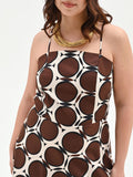 Abito Curvy lungo cioccolato con fantasia geometrica