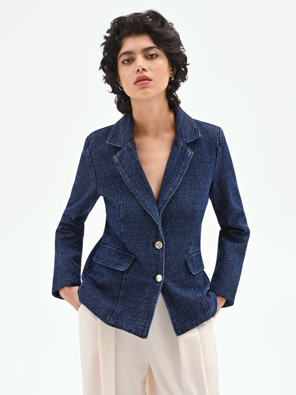 Giacca blazer blu in denim lurex