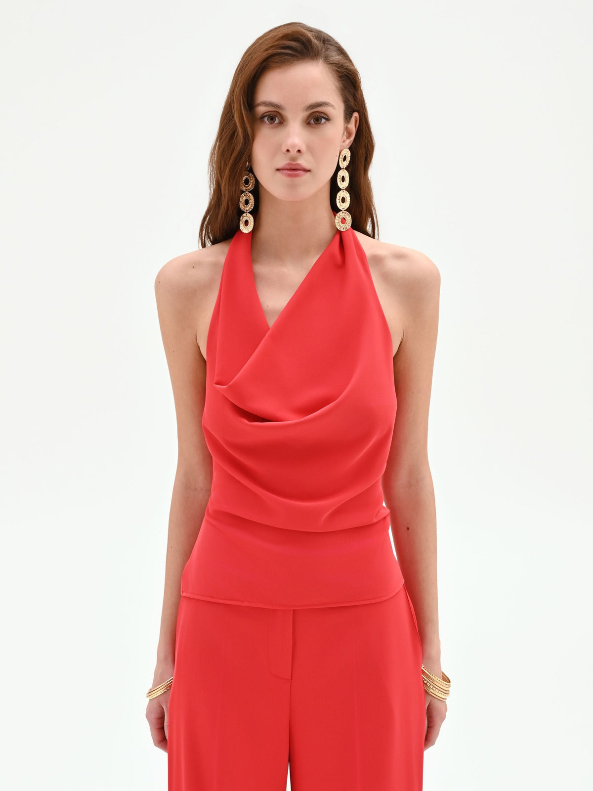 Top rosso fragola in cadi con scollo drappeggiato