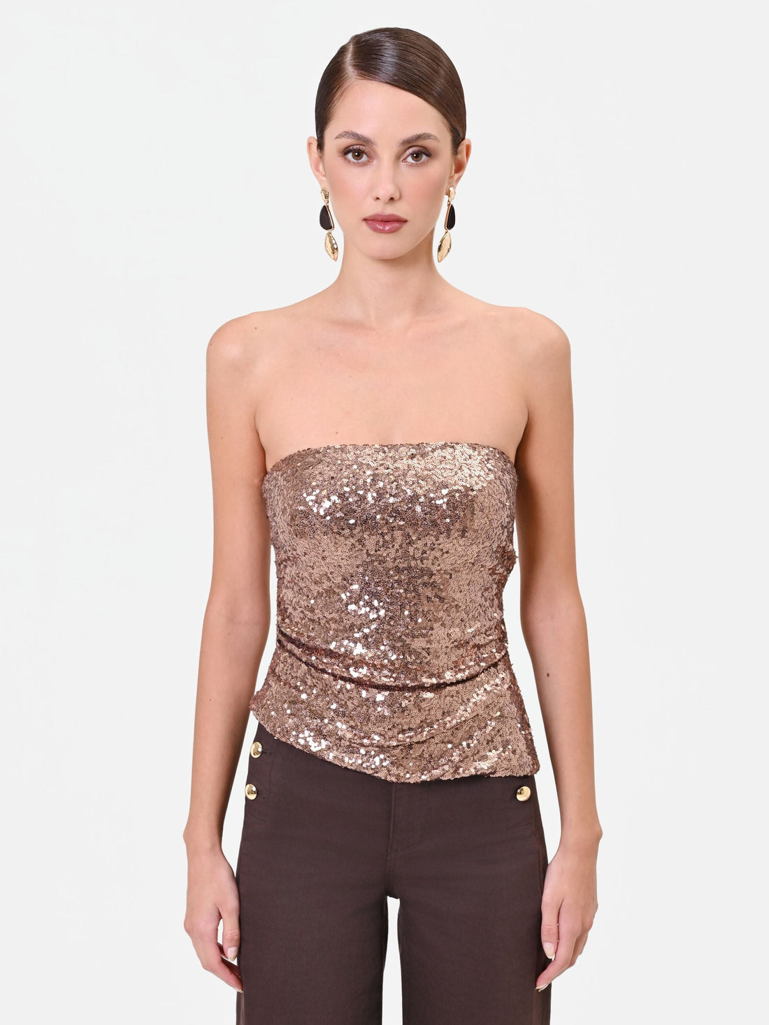 Top paillettes a fascia bronzo con drappeggio