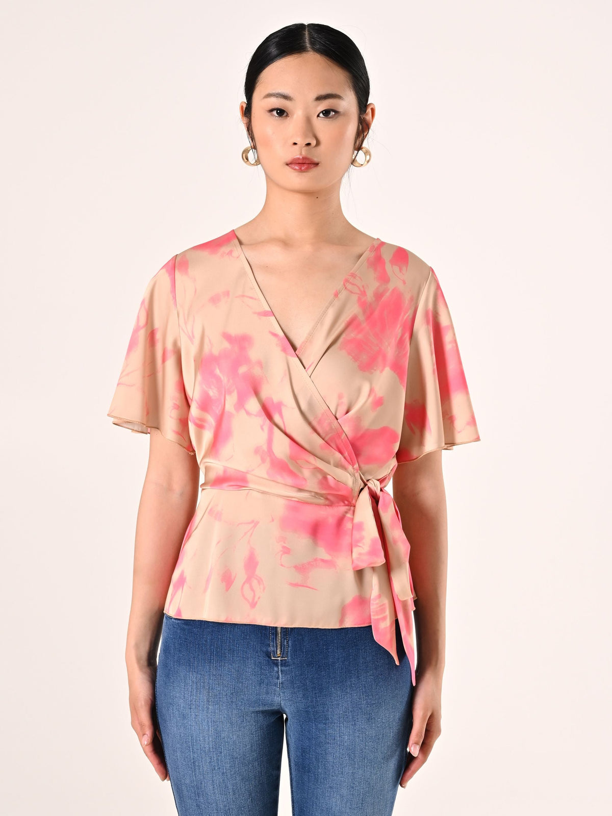 Blusa stampa Astratta Beige Scuro & Rosa Camelia