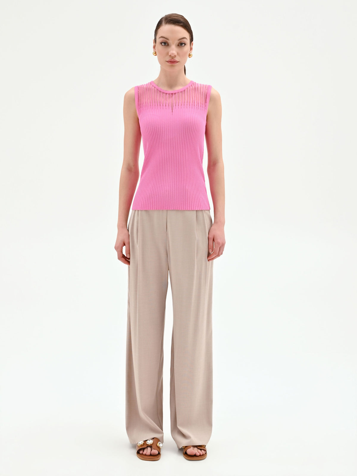 Top rosa in maglia a costine con inserto a righe