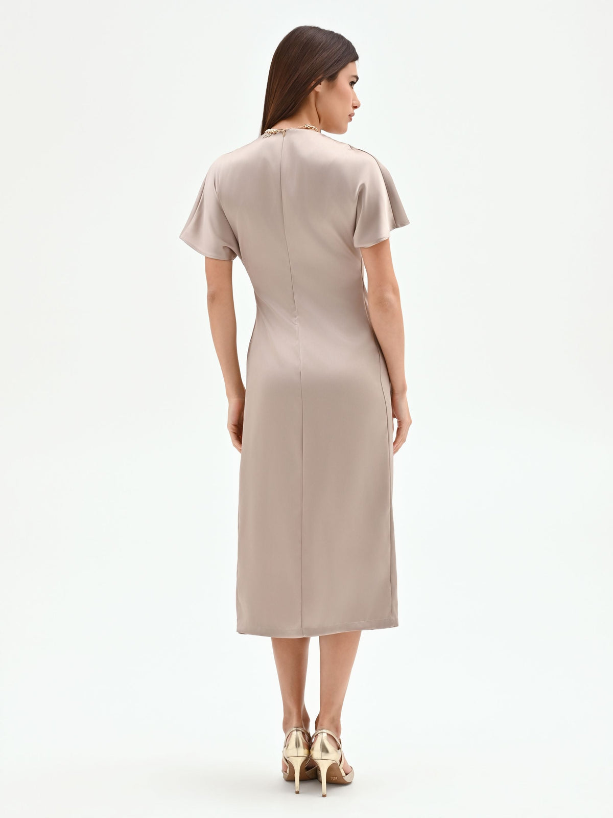 Abito in raso tortora beige con nodo laterale