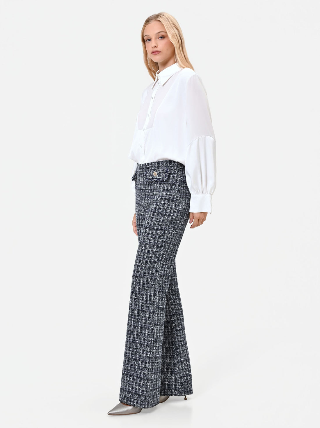 Pantalone dritto in tessuto bouclé blu navy