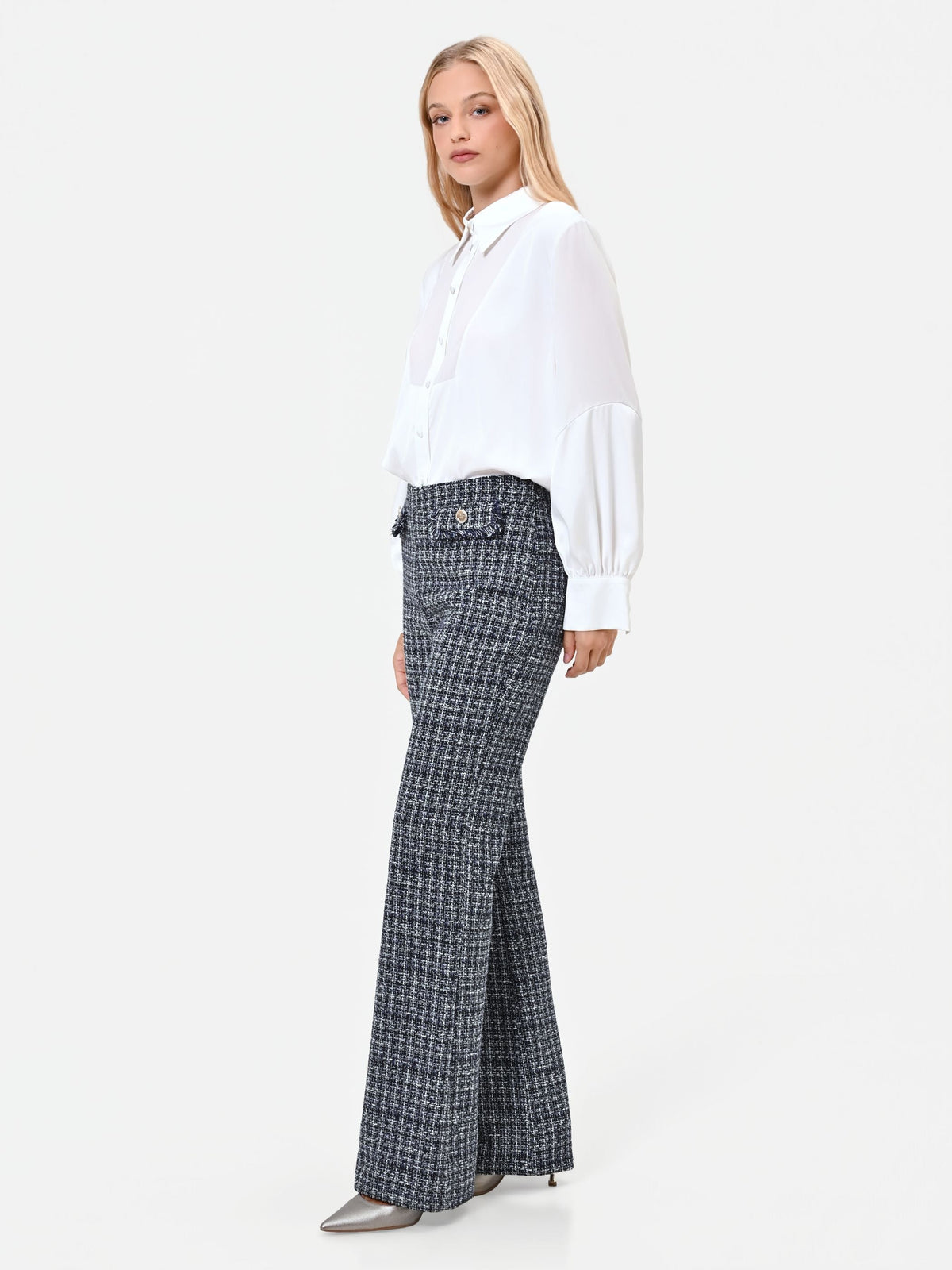 Pantalone dritto in tessuto bouclé blu navy