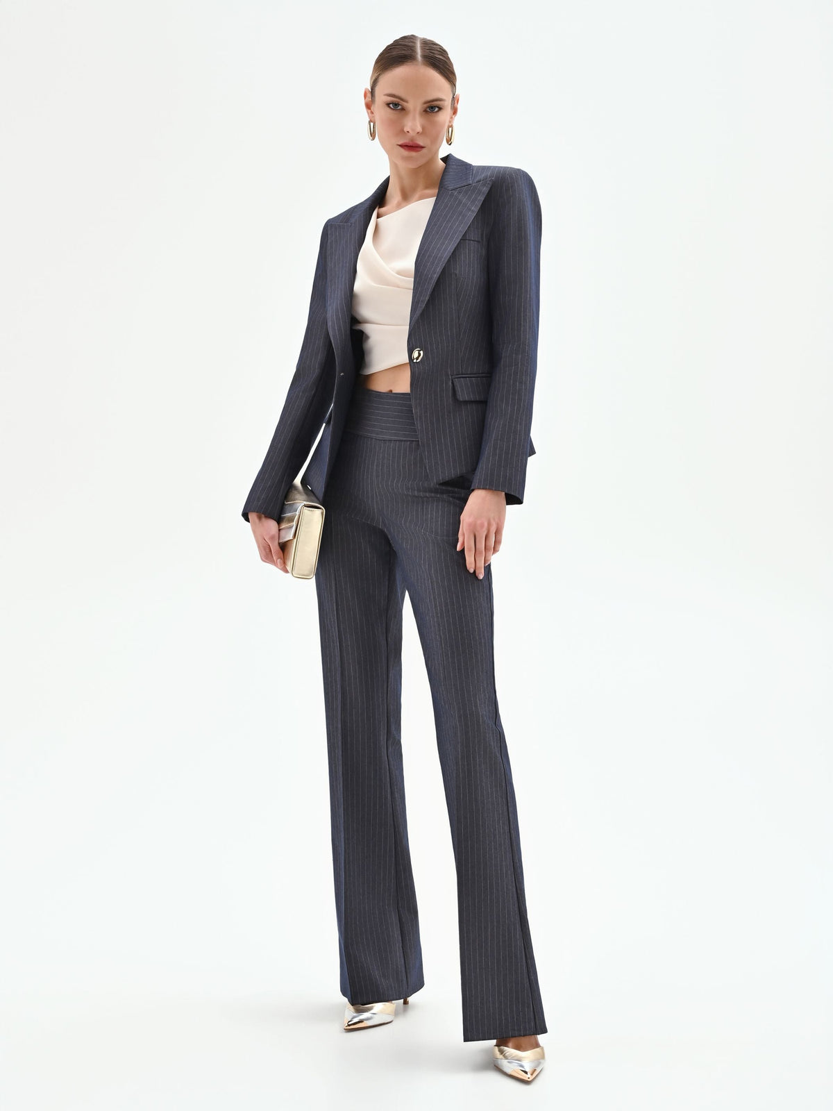 Pantalone gessato blu mid flared