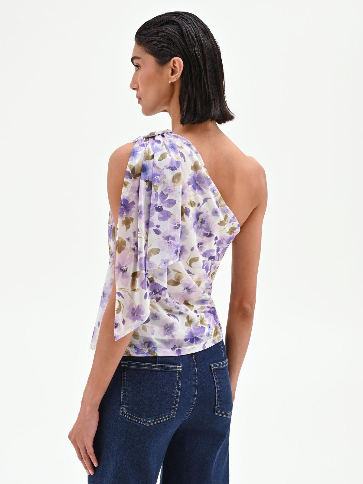 Top monospalla viola lilla con stampa floreale