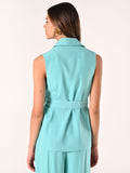 Gilet Verde Acqua con Cintura in Misto Viscosa effetto Crinkle