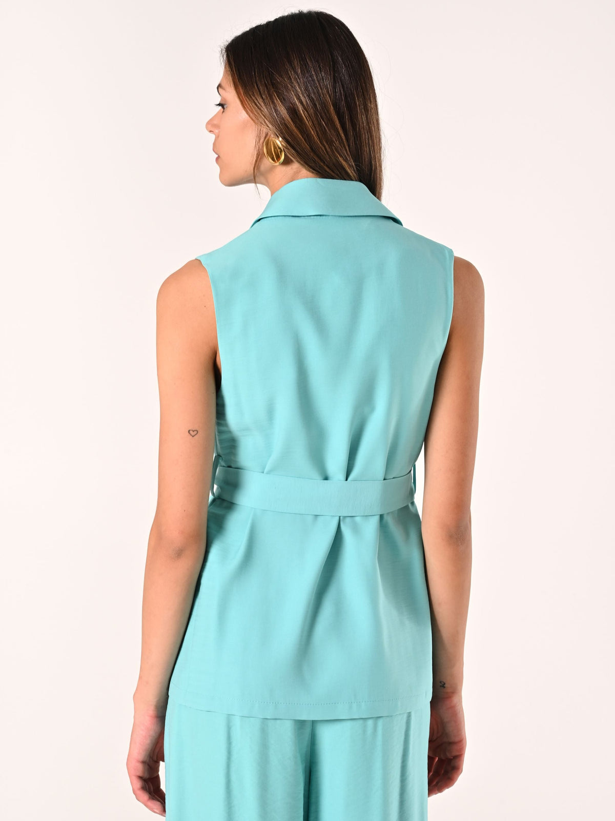 Gilet Verde Acqua con Cintura in Misto Viscosa effetto Crinkle