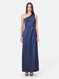 Abito lungo blu navy monospalla con drappeggio
