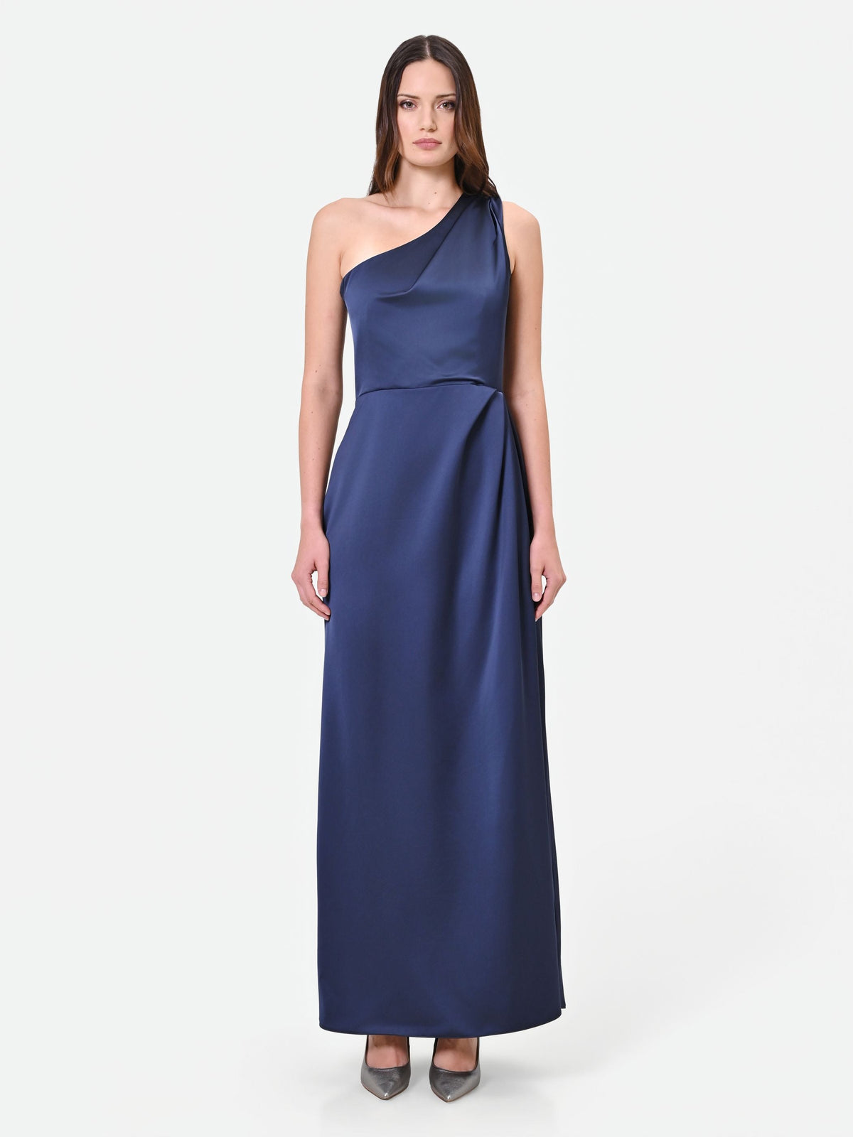 Abito lungo blu navy monospalla con drappeggio