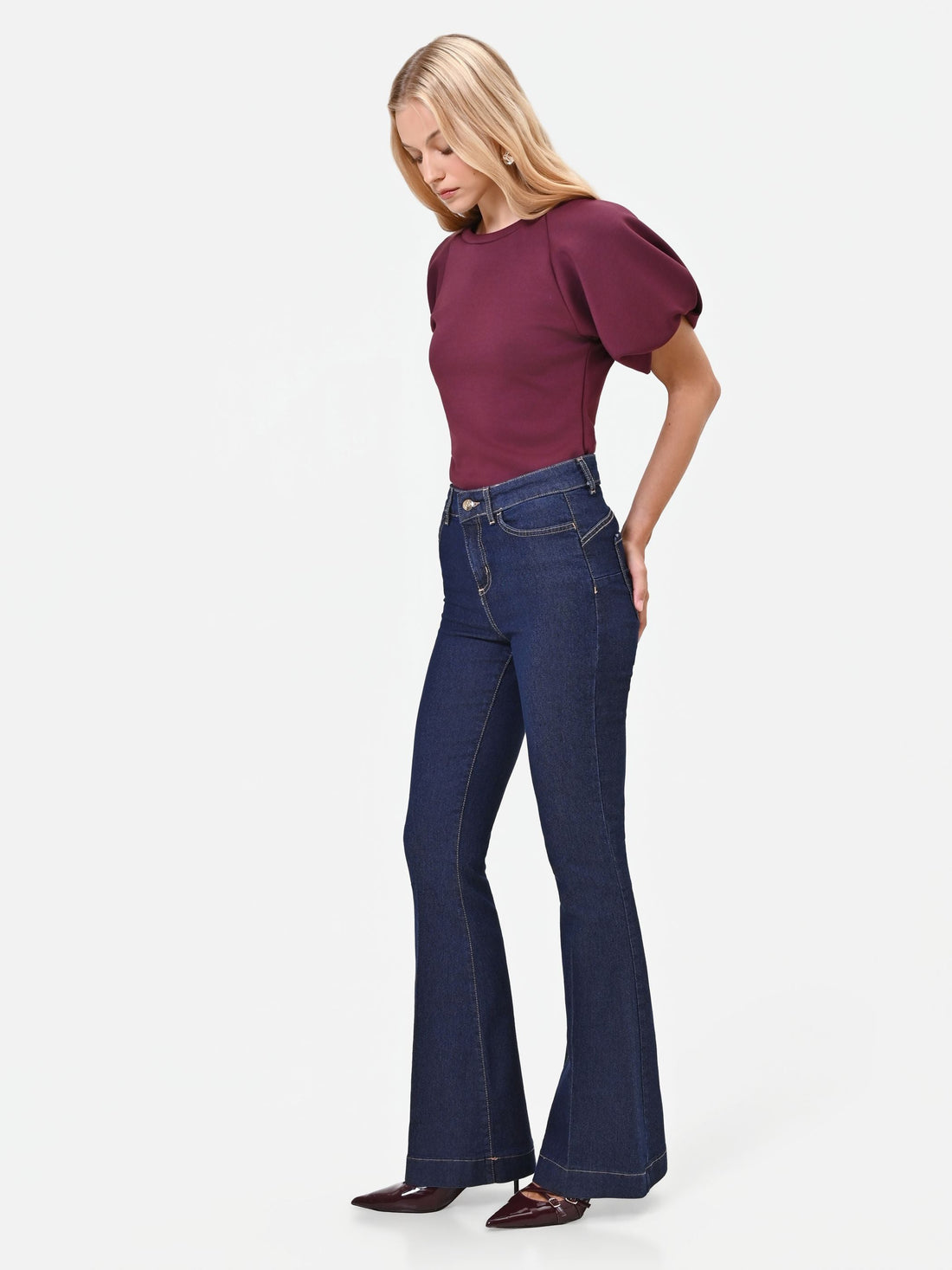 Pantaloni jeans a zampa blu high waist