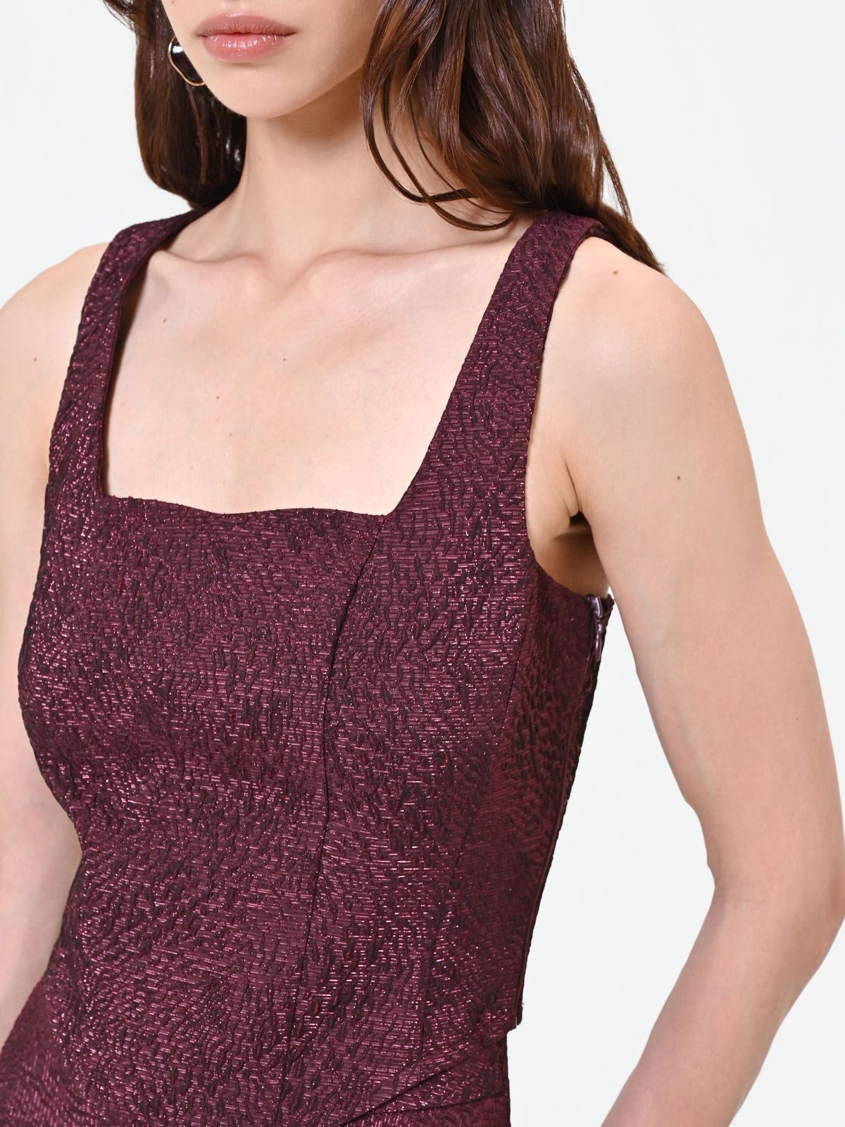 Top bordeaux in tessuto jacquard lamé