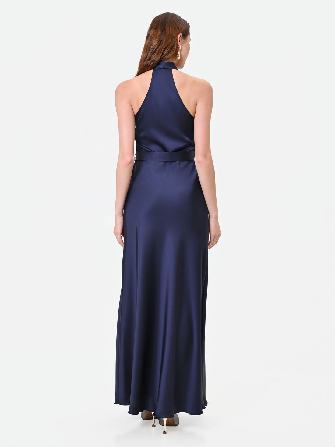 Abito lungo blu navy con scollo all'americana drappeggiato
