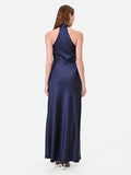 Abito lungo blu navy con scollo all'americana drappeggiato
