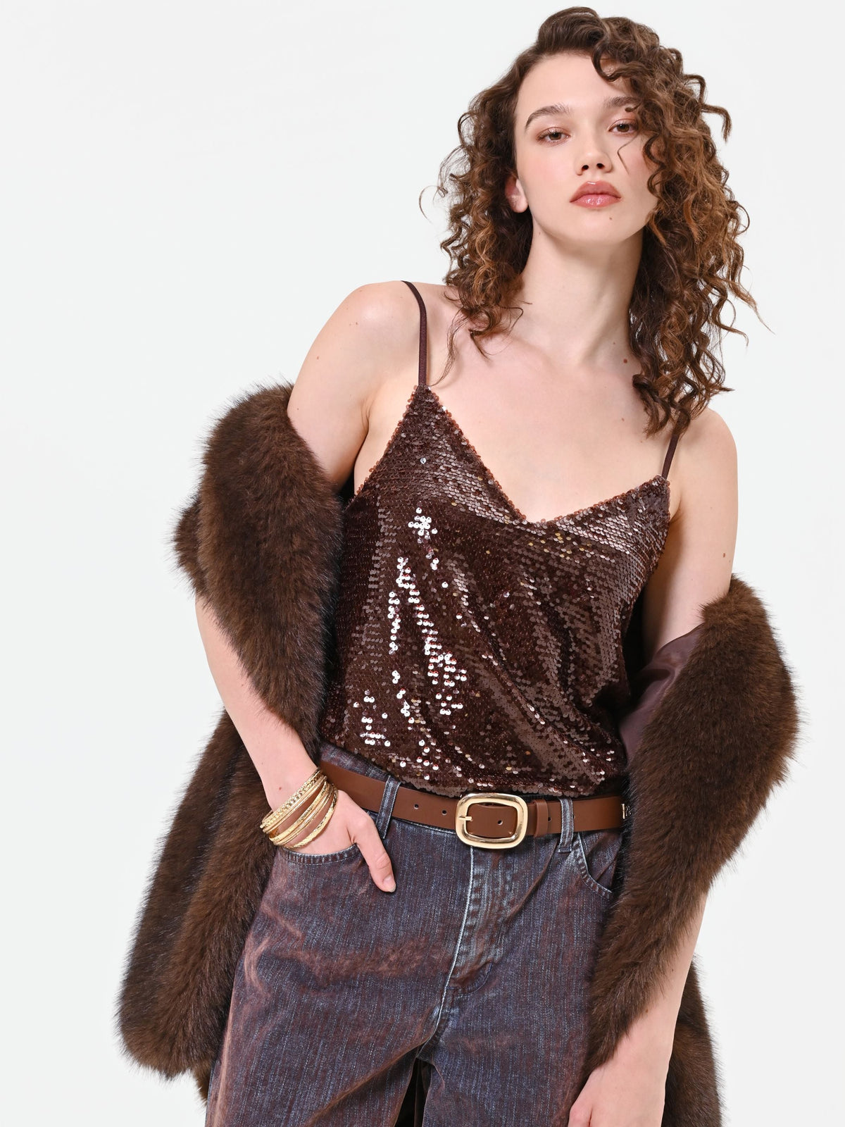 Top in paillettes moro marrone