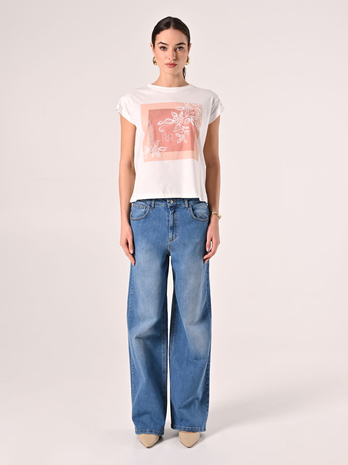 T-Shirt in Cotone con stampa Rosa & Strass