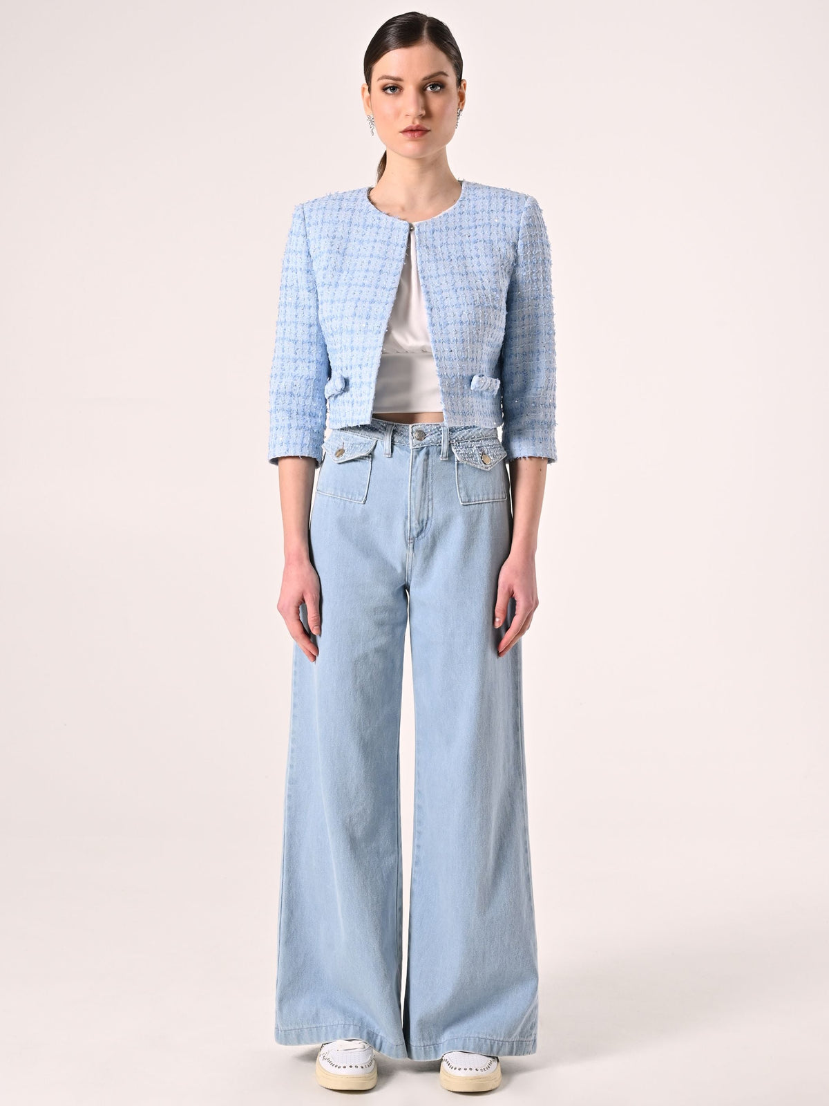 Giacca Azzurra in Tweed con Micro Paillettes