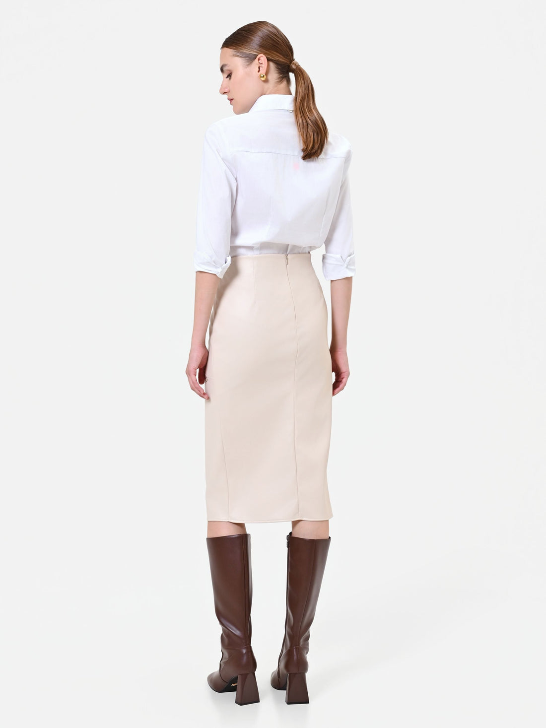 Gonna a tubino tortora beige con spacco asimmetrico