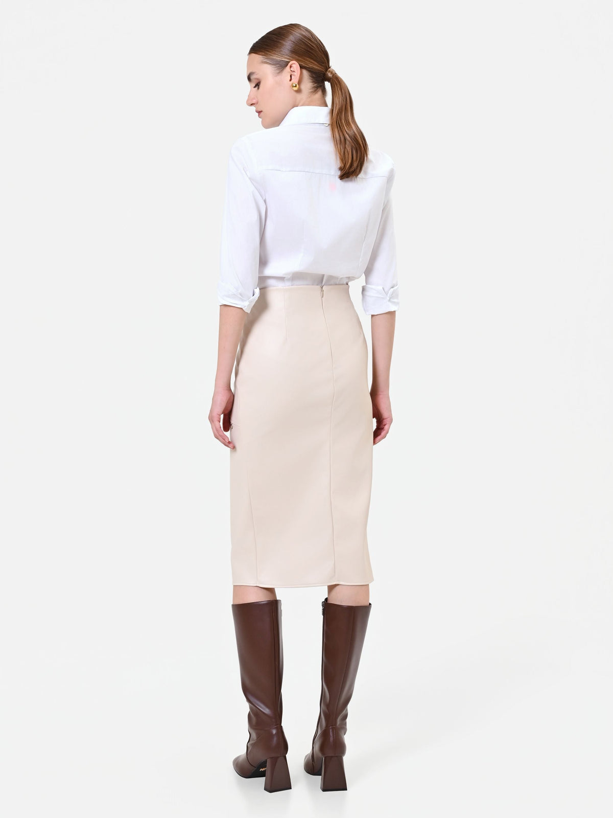 Gonna a tubino tortora beige con spacco asimmetrico