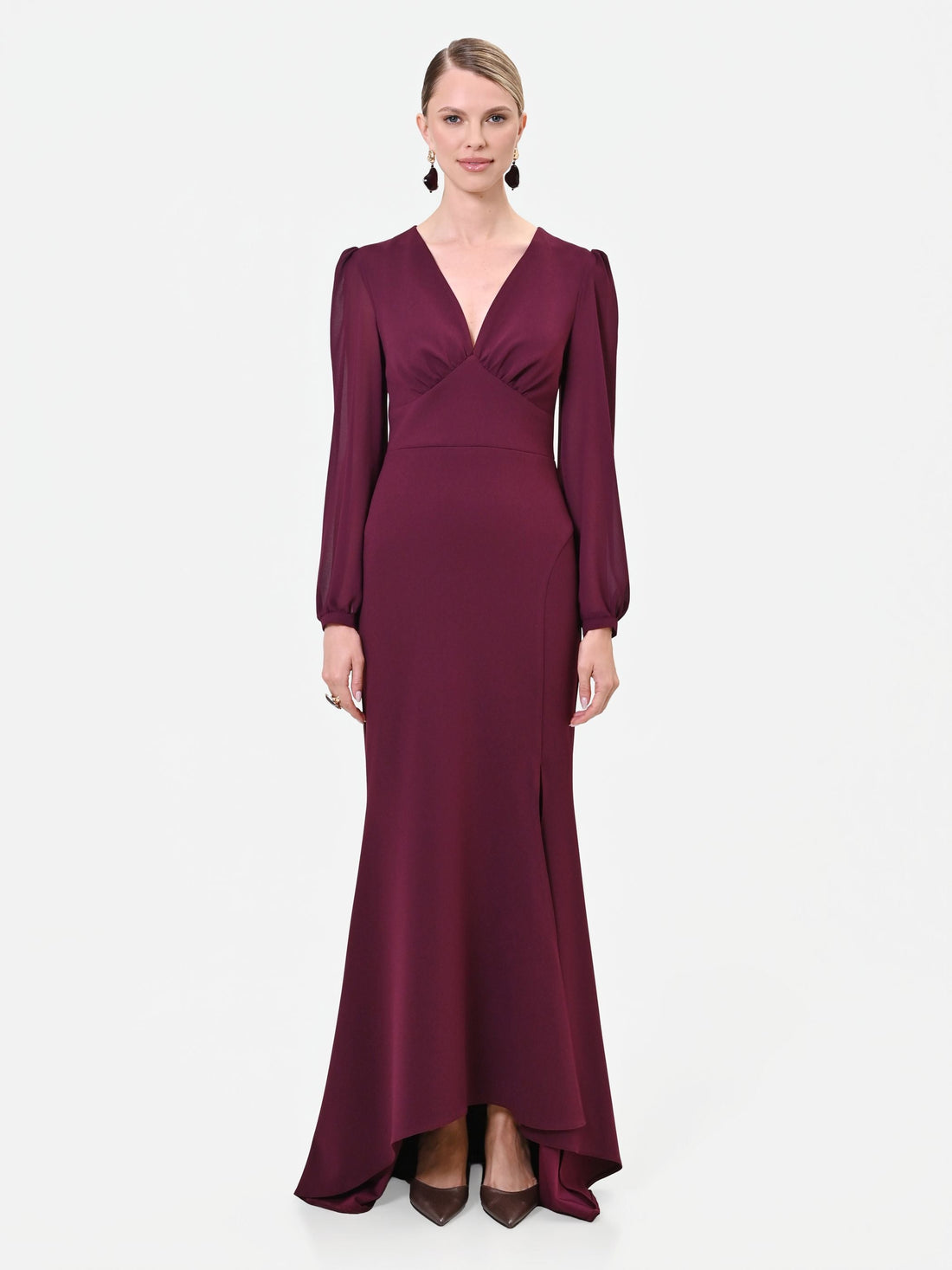 Abito lungo asimmetrico bordeaux rosso