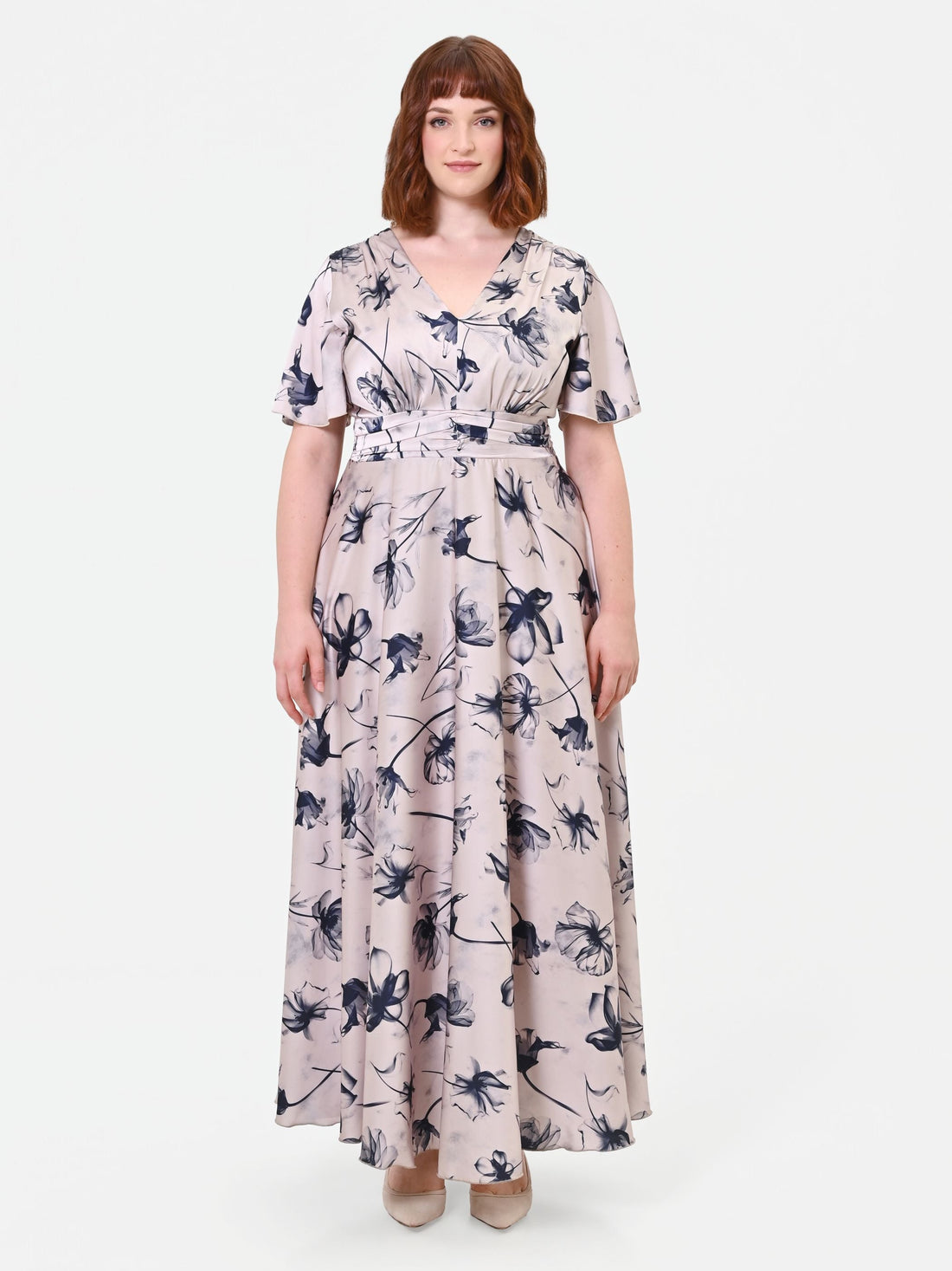Abito Curvy  lungo a fiori blu navy in raso