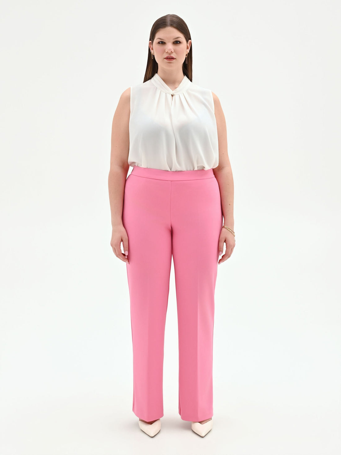 Pantalone Curvy rosa a vita alta in scuba crèpe