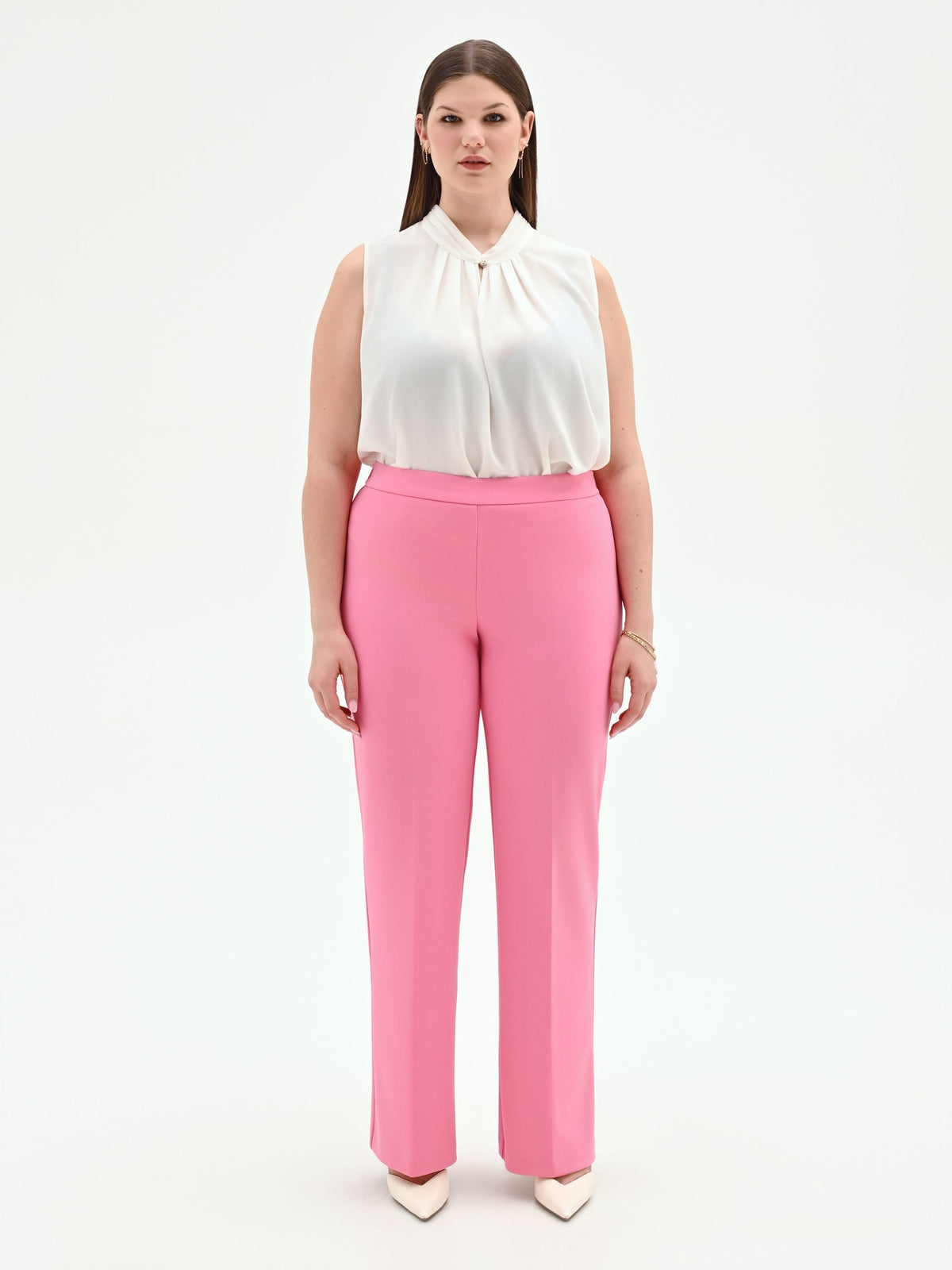 Pantalone Curvy rosa a vita alta in scuba crèpe