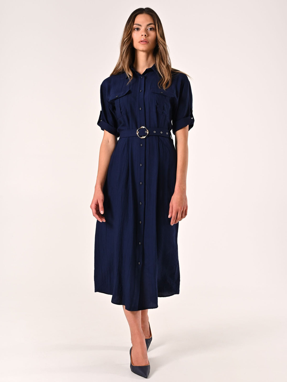 Chemisier Blu Navy in Misto Viscosa effetto Crinkle