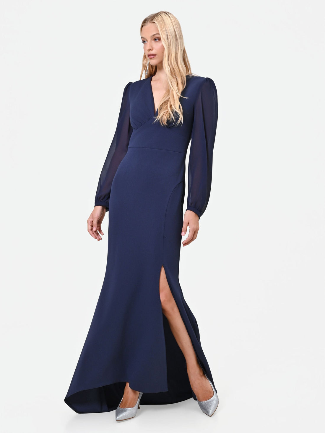 Abito lungo blu navy in scuba mano crèpe