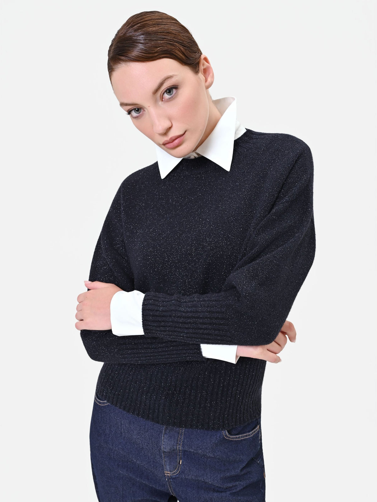Maglia blu navy girocollo con filato luminoso in misto viscosa