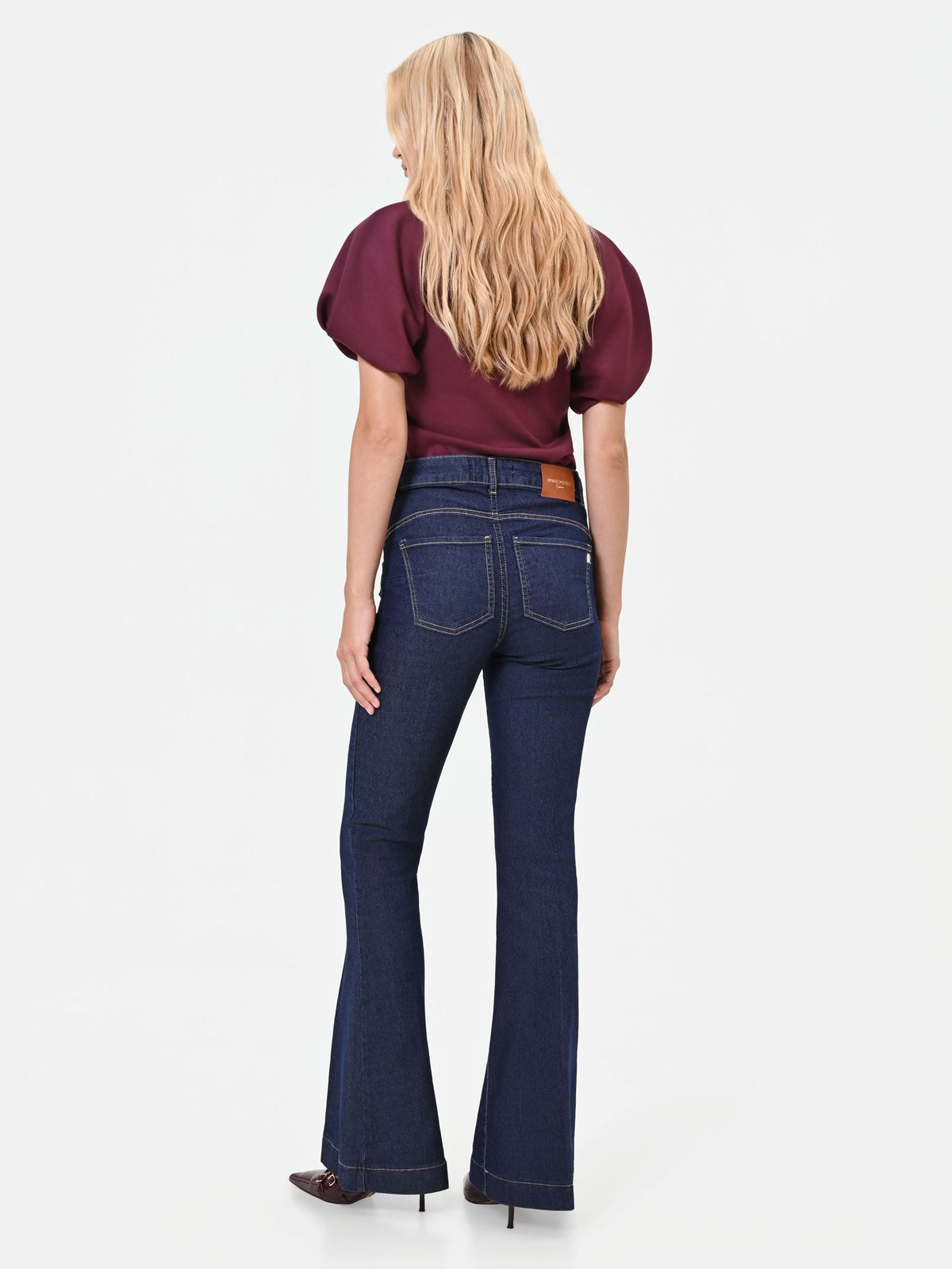 Pantaloni jeans a zampa blu high waist