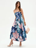 Abito midi blu ottanio con stampa floreale