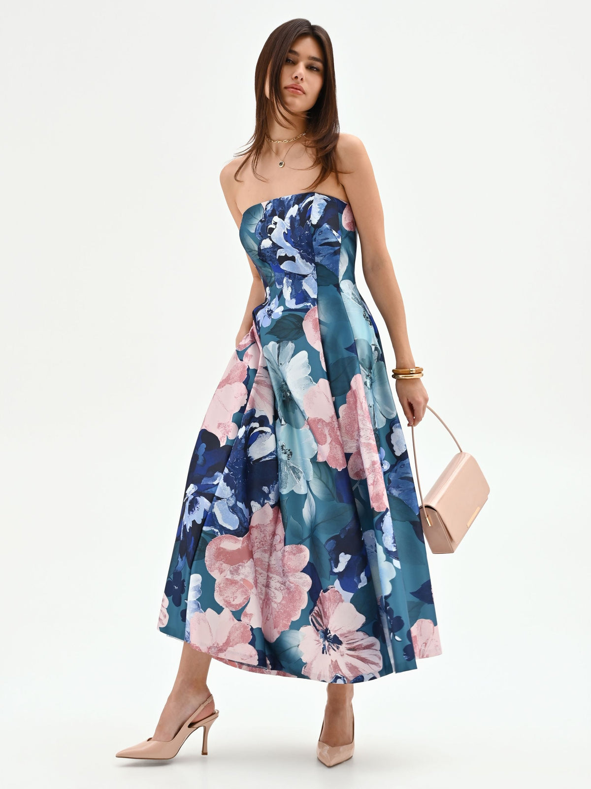 Abito midi blu ottanio con stampa floreale