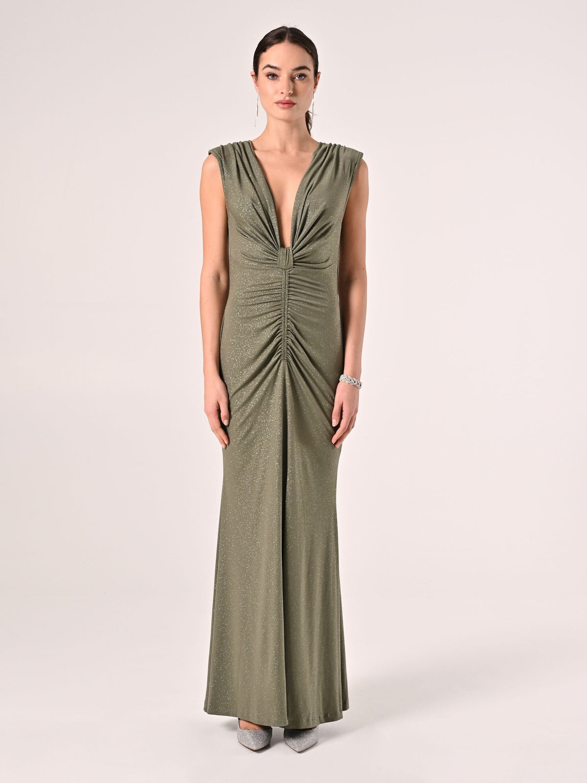 Abito Lungo Verde Militare con Glitter