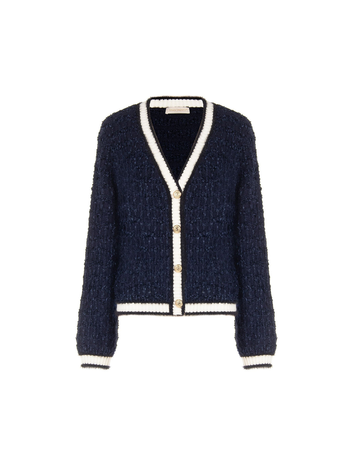 Cardigan in maglia blu navy con profili a contrasto