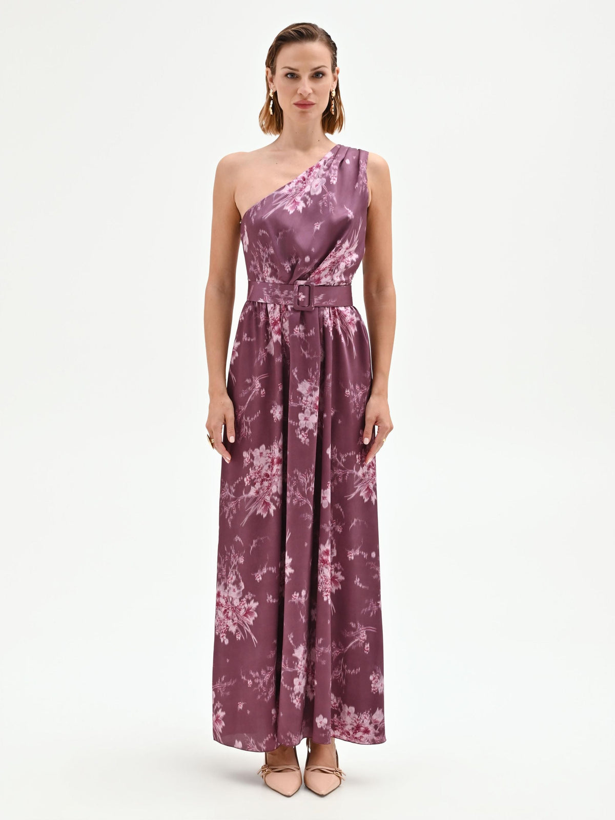 Abito lungo rosso bordeaux con stampa floreale