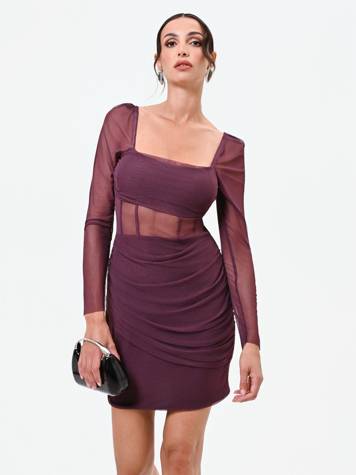 Mini abito bordeaux rosso in tulle con corpetto steccato