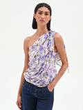 Top monospalla viola lilla con stampa floreale