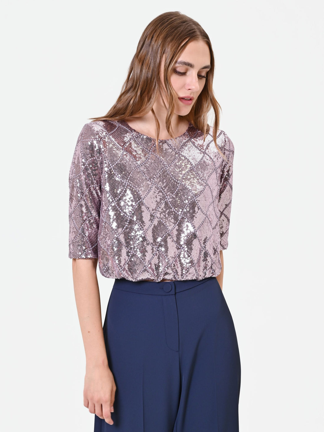 Blusa rosa antico in paillettes con disegno a rombi