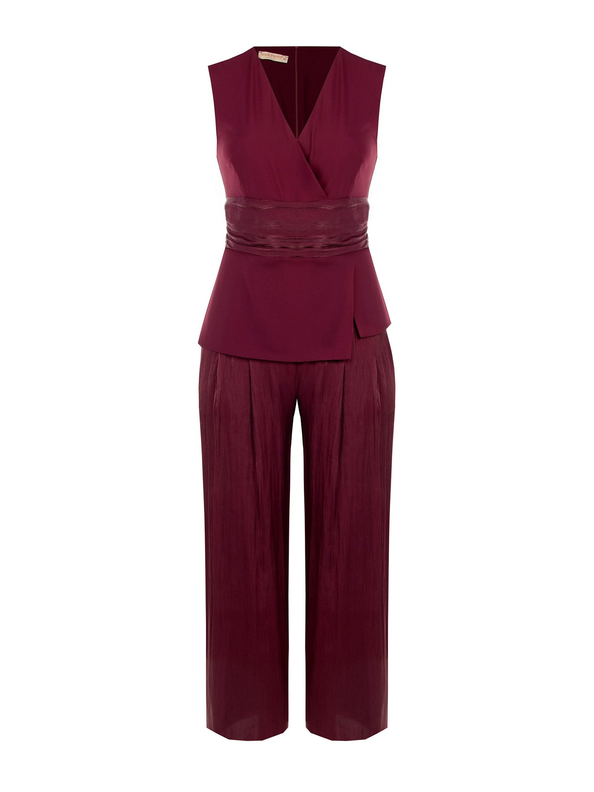 Tuta Curvy bimateriale drappeggiata bordeaux rosso