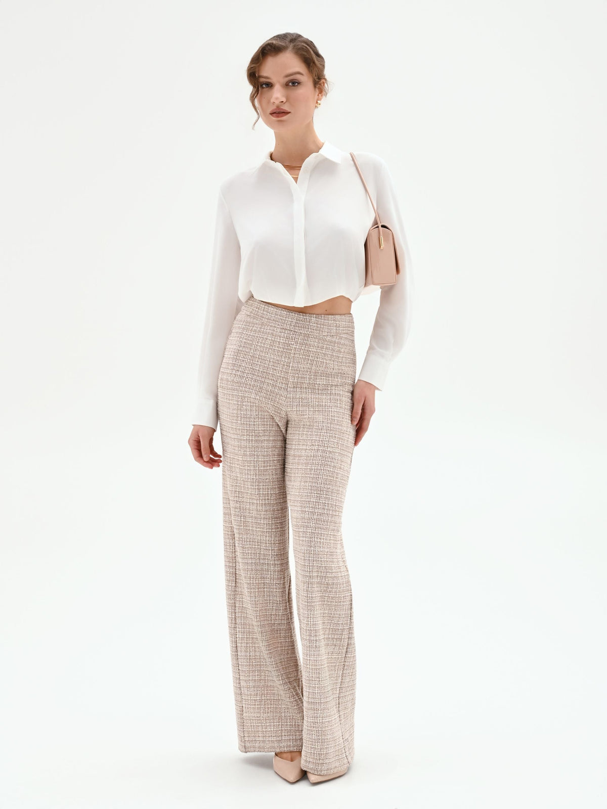 Pantalone a palazzo beige chiaro effetto tweed