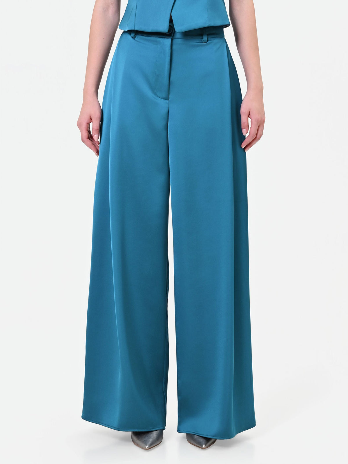 Pantalone palazzo blu ottanio in raso