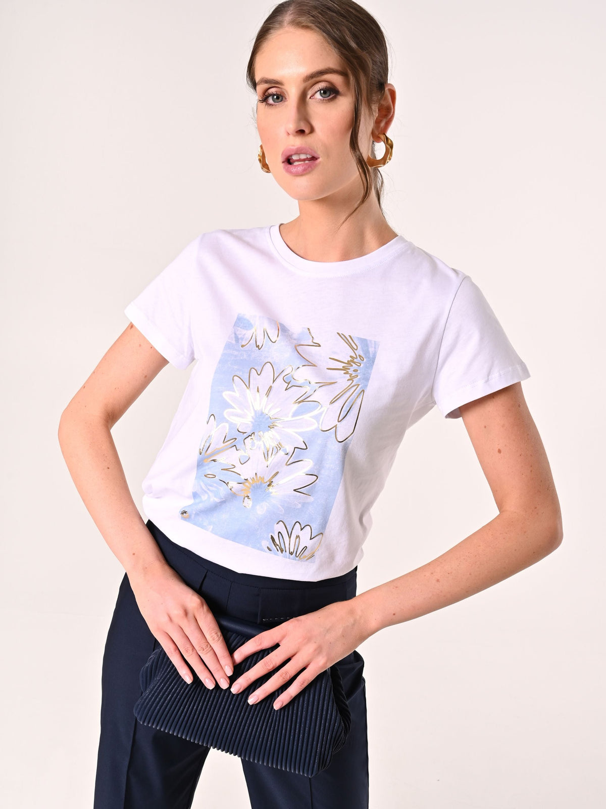 T-Shirt in Cotone con Stampa Azzurra & Gold