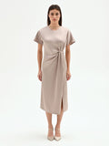 Abito in raso tortora beige con nodo laterale