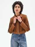 Giacca effetto camoscio cammello beige con frange