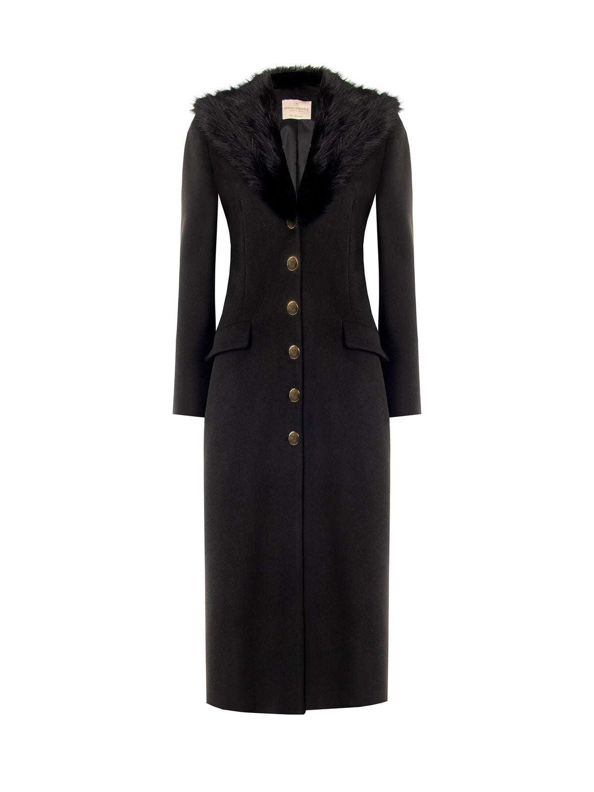 Cappotto lungo nero con inserto effetto pelliccia