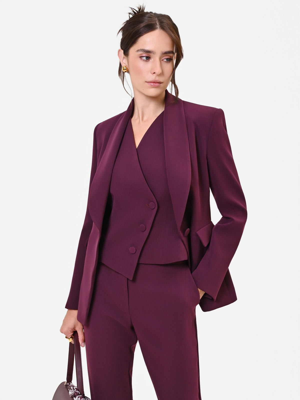 Giacca Studio monopetto gessata in crepe bordeaux rosso